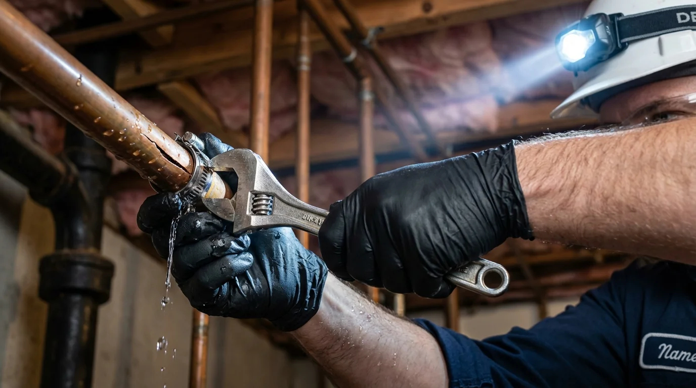 Emergency pipe clamp repair being performed by a Johns Plumbing LLC plumber in Thousand Palms
