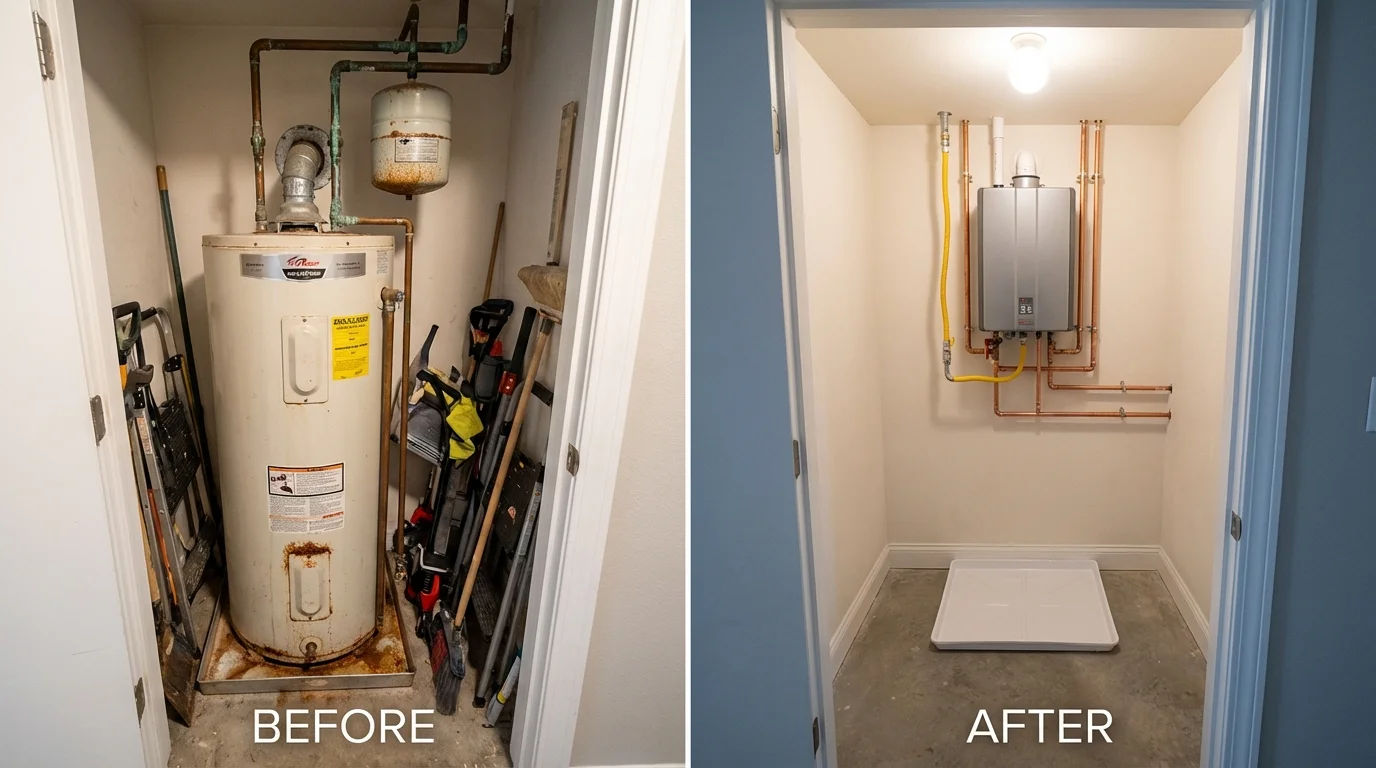 Tank water heater versus wall-mounted tankless unit comparison for Thousand Palms, CA homeowners