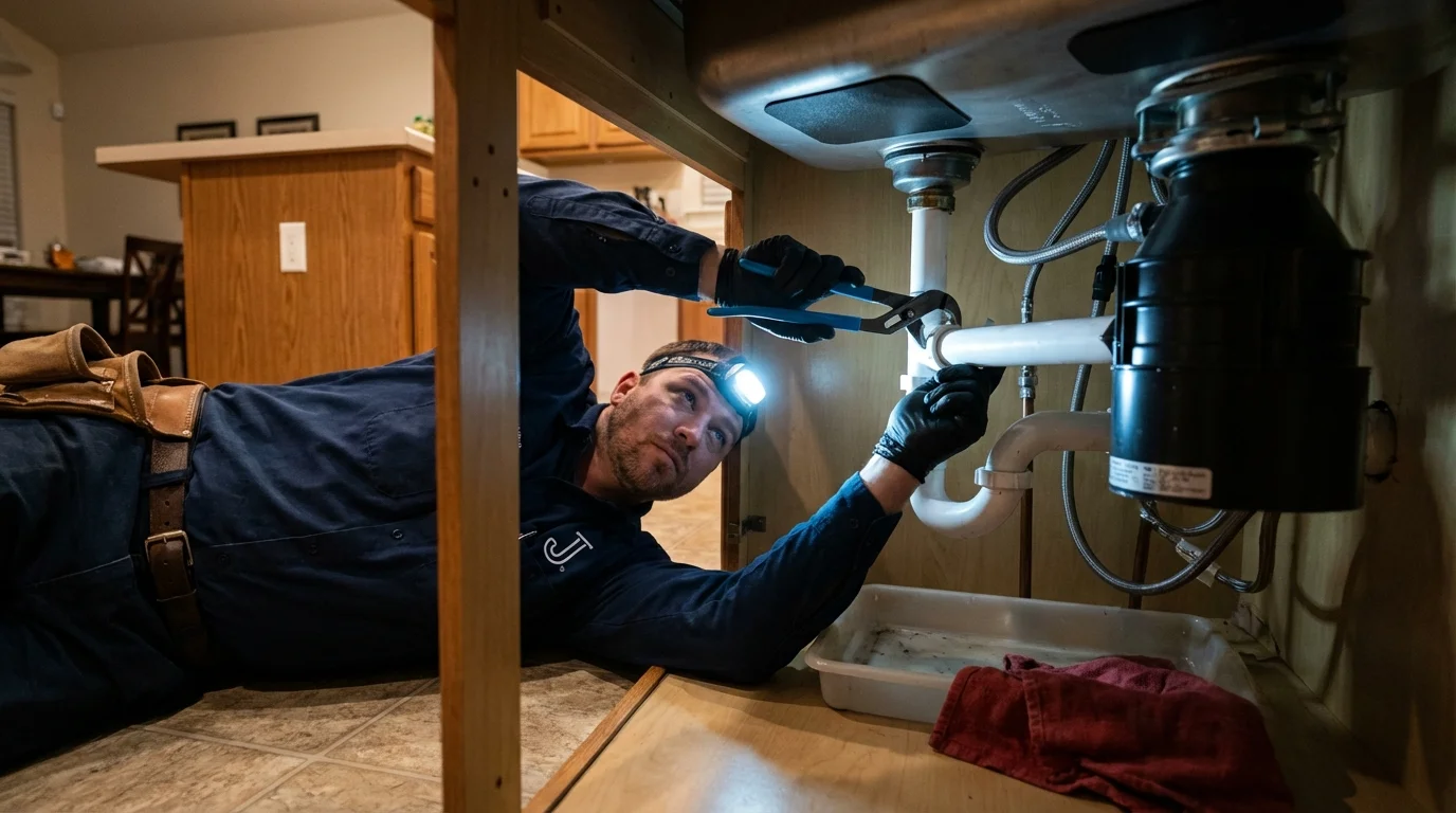 P-trap and supply line connections under a kitchen sink showing a common leak point in Thousand Palms, CA